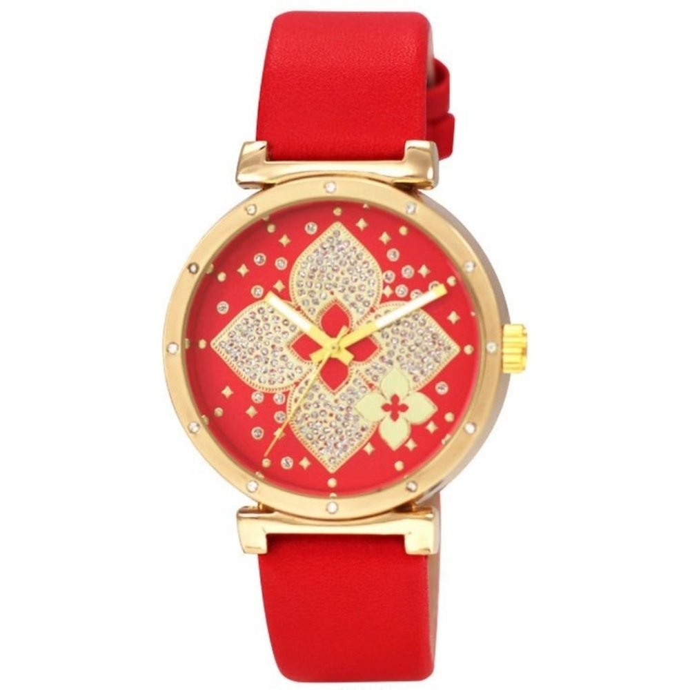 42mm Montres Carlo Women Flower Luxury Red Gold Leather Band Fashion Dress Watch